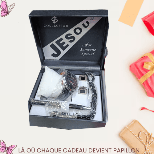 Coffret Cadeau Homme Élégant – Montre Quartz, Bracelet, Boutons de Manchette, Chapelet et Stylo VIP Professionnel